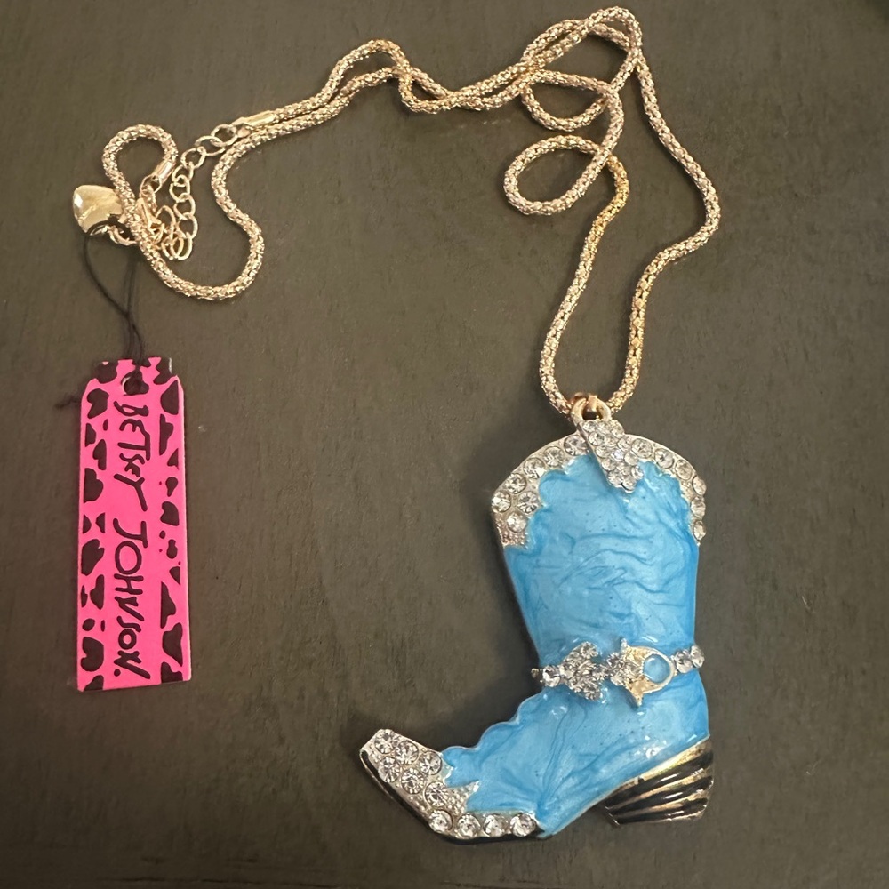 Betsey Johnson Blue Enamel Cowboy Boot Necklace Gold Tone Chain